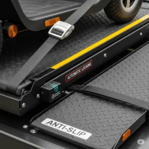 Visual representation highlighting key safety features of a mobility scooter lift, including secure straps, automatic locking mechanisms, and anti-slip platforms.
