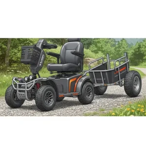Illustration of a rugged mobility scooter trailer with wider wheels being pulled on a gravel path, suggesting durable all-terrain capabilities.

