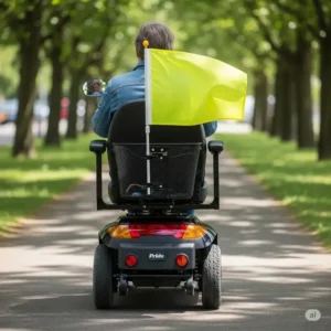 Bright safety flag accessory attached to the rear of a Pride Mobility scooter, an essential pride mobility scooter accessories improving visibility for enhanced safety in various environments.