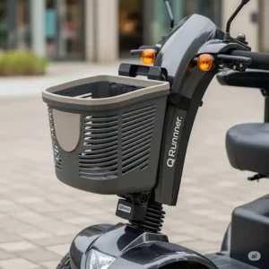  Practical storage basket attached to the Q Runner mobility scooter, ideal for personal items or shopping.