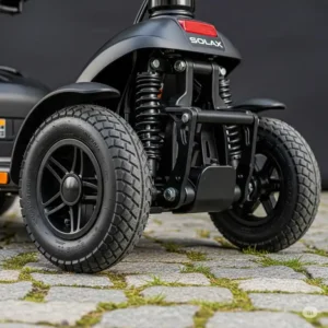 Durable wheels and suspension system of a Solax mobility scooter ensuring a smooth ride on various terrains.