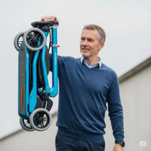 A person demonstrating the extreme lightness of an ultra lightweight folding mobility scooter by easily lifting it with one hand.