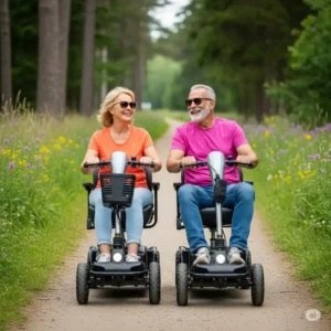 A happy couple riding side-by-side on two all terrain mobility scooters, enjoying an accessible trail together.