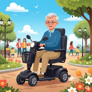 Senior individual confidently driving a mobility scooter, signifying newfound independence and mobility.