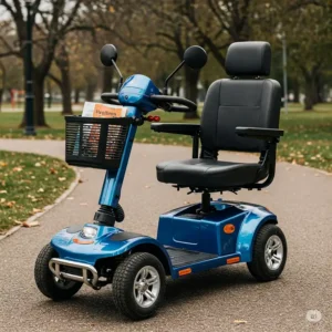 Jazzy mobility scooter shown with helpful accessories like a basket for carrying personal items.