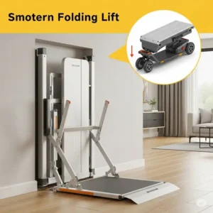  Illustration showcasing a modern folding mobility scooter lift, demonstrating how it can be compactly stored when not in use.