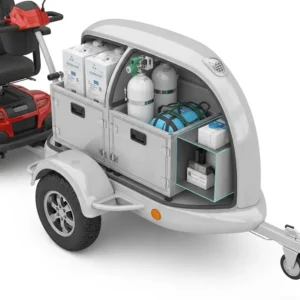 Illustration of a mobility scooter trailer designed with secure compartments for transporting oxygen tanks or other medical equipment, a practical solution.