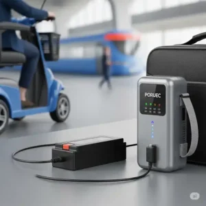 "Image of a compact and lightweight portable mobility scooter battery charger, ideal for travel and on-the-go charging."