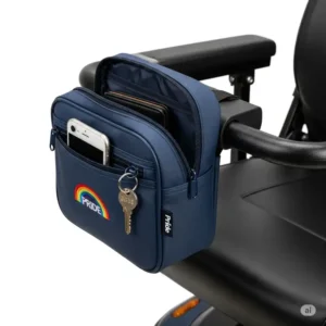 Small, practical armrest bag accessory for a Pride Mobility scooter, one of the convenient pride mobility scooter accessories ideal for keeping small personal items within easy reach during rides.