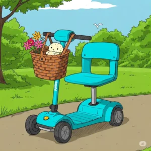  Illustration of a Pride Go-Go scooter equipped with a useful accessory like a basket or bag.