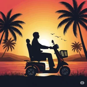 Silhouette of a rider enjoying a sunset ride on a journey zoomer scooter.