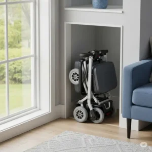 An ultra lightweight folding mobility scooter neatly stored in a small space within a home, highlighting its compact design for easy storage.