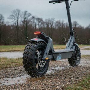 All-weather tires on a waterproof electric scooter designed for various conditions.