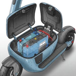 Illustration of the sealed battery compartment on a waterproof electric scooter, ensuring water resistance.