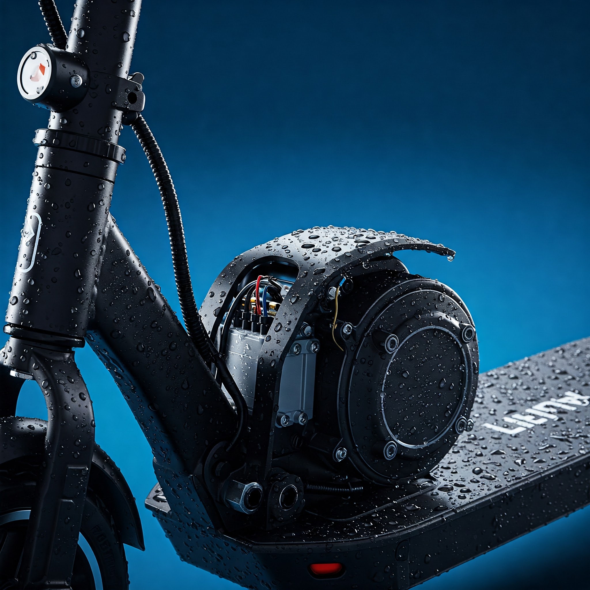 Close-up of a durable waterproof electric scooter, highlighting its water-resistant features.