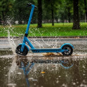 Waterproof electric scooter safely splashing through a puddle.