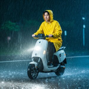 Person confidently riding a waterproof electric scooter in the rain.