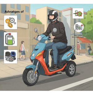 "Illustration showcasing the advantages of a 3 wheel gas scooter, such as stability, fuel efficiency, and ease of use."
