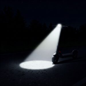 "Illustration demonstrating the bright illumination of electric scooter lights on a dark road."
