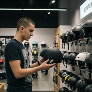 A person selecting the right Electric Scooter Helmet from a range of options in a store.