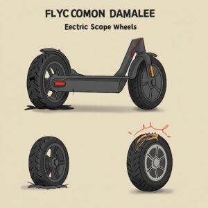  Illustration of common types of damage to an electric scooter wheel, such as a flat tire and bent rim.