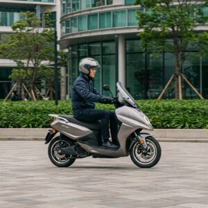 Person using an electric 3 wheeled scooter for efficient urban commuting.