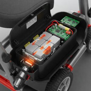 Close-up illustration of the rechargeable battery of an electric knee scooter, emphasizing its power source.