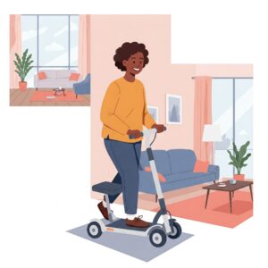 Illustration depicting someone moving around their home with ease using an electric knee scooter.