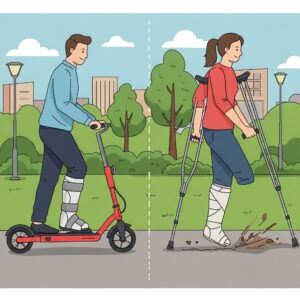  Illustration contrasting the ease of movement with an electric knee scooter compared to the limitations of using crutches.