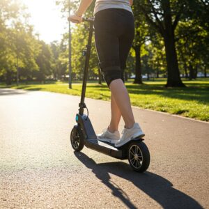 Illustration showing an electric knee scooter being used outdoors on a smooth surface, indicating enhanced mobility.