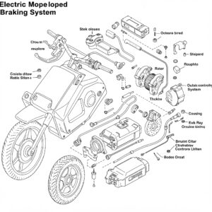 Exploded diagram showing the different electric moped scooter parts of a braking system for repair and understanding.