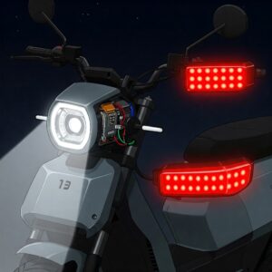 Illustration showcasing the headlight and taillight assembly, key electric moped scooter parts for safety and visibility.