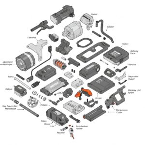 A comprehensive view of various electric moped scooter parts, highlighting key components for maintenance and repair.