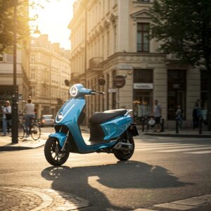 Two-seater electric scooter 2 seat navigating city streets, highlighting its compact design.