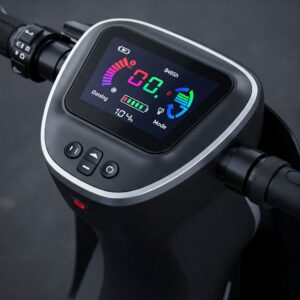 Close-up of the digital display and controls of a 3 wheel electric scooter.