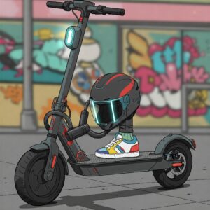 Street Legal Electric Scooter showcasing essential rider accessories, including a helmet and security lock.