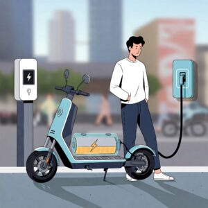 Street Legal Electric Scooter illustration depicting the battery and charging process, highlighting its convenience.