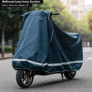 Electric scooter cover on a scooter parked outdoors.