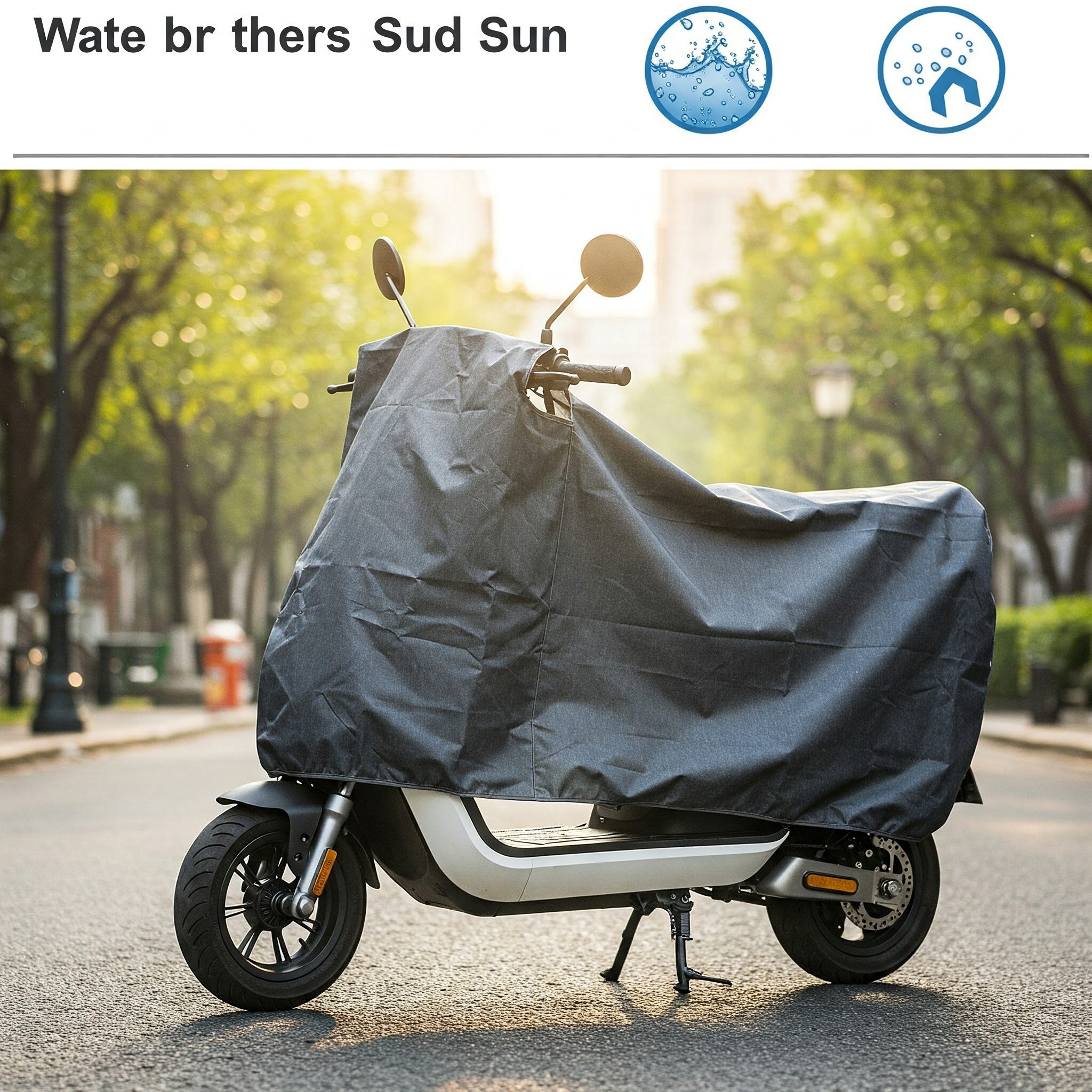 Durable waterproof electric scooter cover protecting from rain and sun.