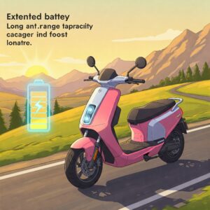 "Illustration showing the extended battery capacity of a electric scooter long range for longer rides."