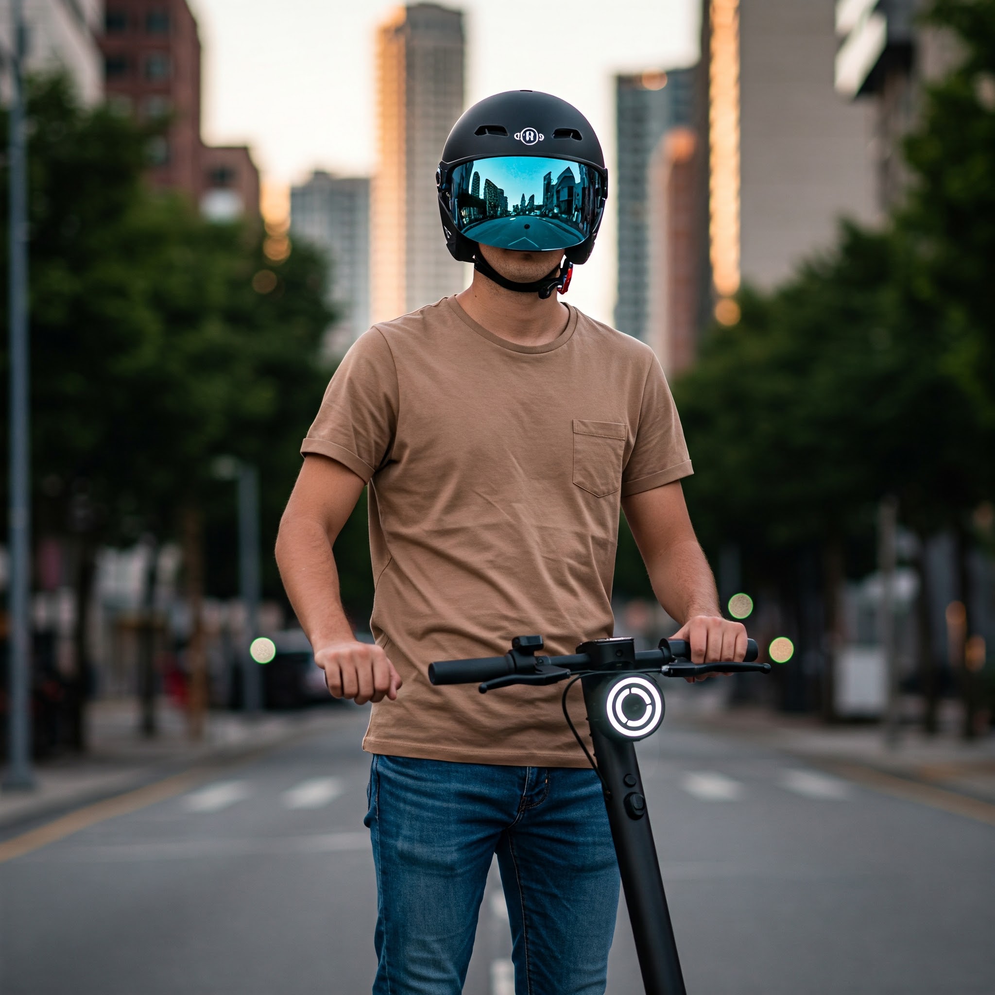 A person wearing a certified Electric Scooter Helmet for safe riding in an urban environment.
