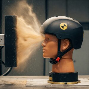 Visual representation of an Electric Scooter Helmet undergoing impact testing for safety certification.