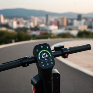 "Display highlighting the high mileage and electric scooter long range achievable on this model."