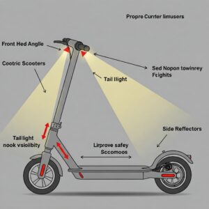 "Diagram illustrating the correct angle and positioning of electric scooter lights for optimal visibility."