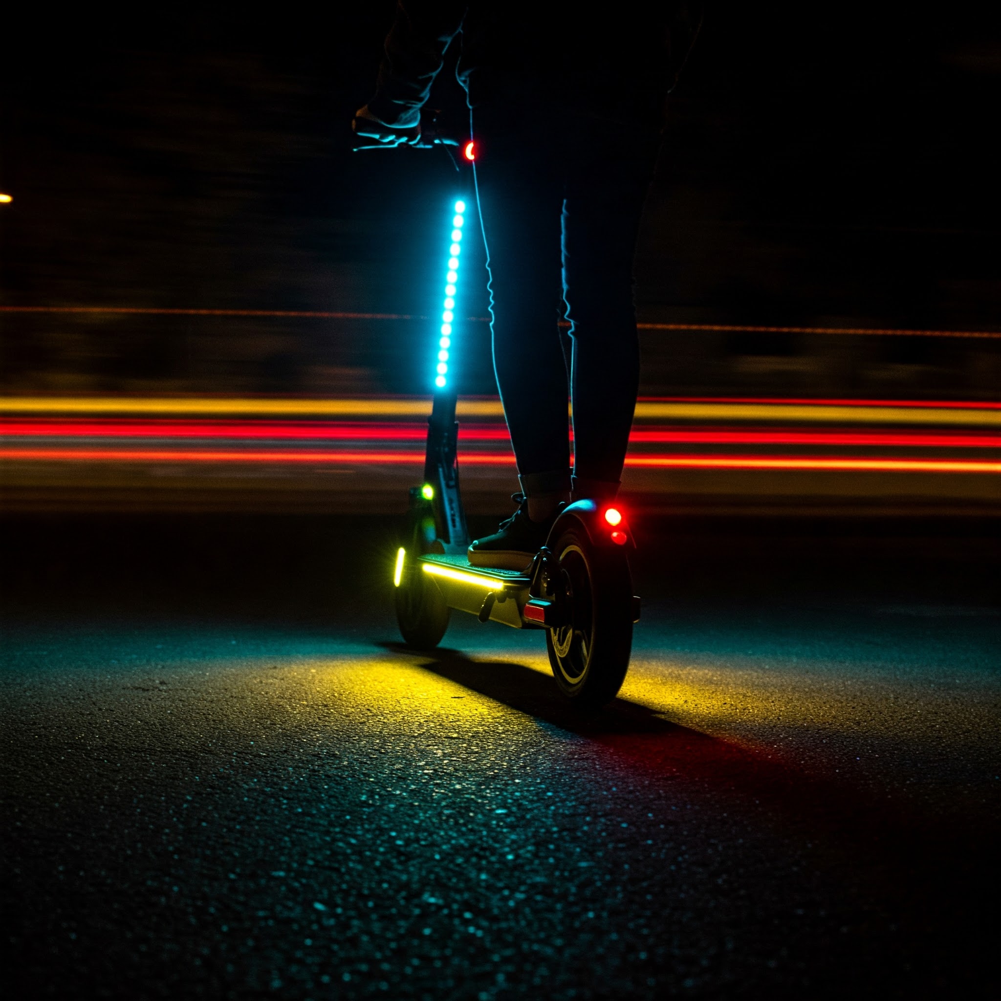 "Close-up of bright electric scooter lights enhancing rider safety at night."