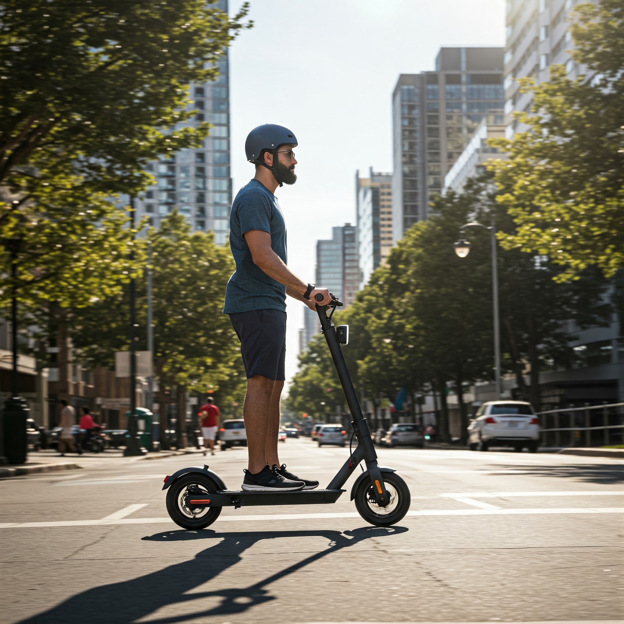 "Man commuting on a electric scooter long range in a city, highlighting its extended battery life."