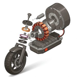 Detailed illustration of an electric moped scooter parts - specifically, the motor, a crucial component for efficient operation. 