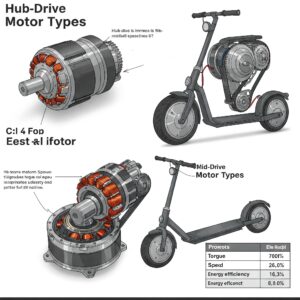 Various electric scooter motor types including hub and mid-drive.