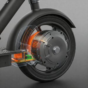Electric scooter motor integrated within the scooter's wheel assembly.