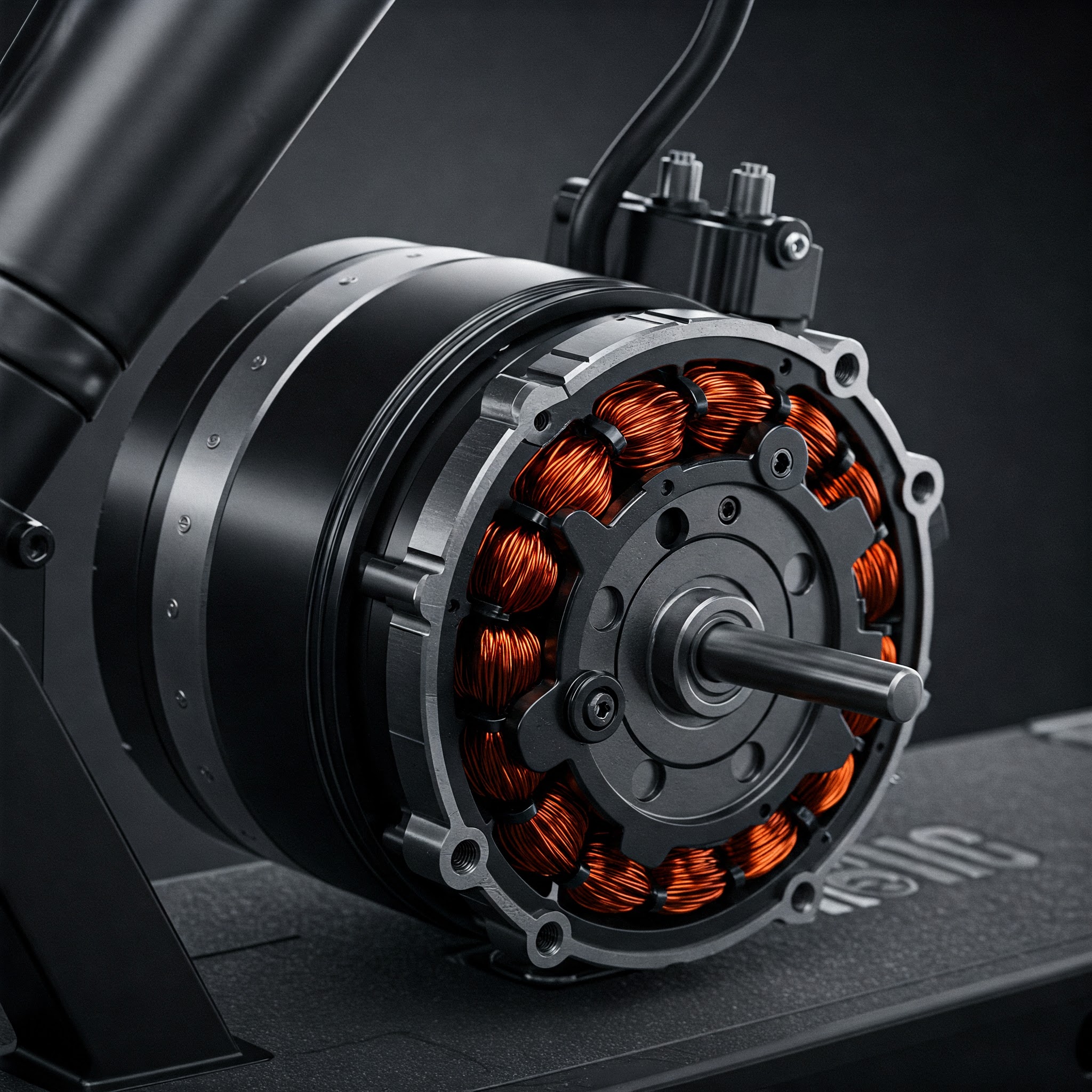 Close-up of a powerful electric scooter motor, highlighting its key components.
